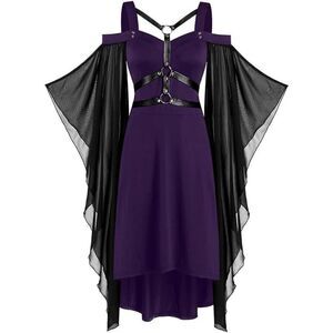 💜 Goth Harness Cold Shoulder Butterfly Sleeves Cosplay Purple Dress SIZE 6 NWT